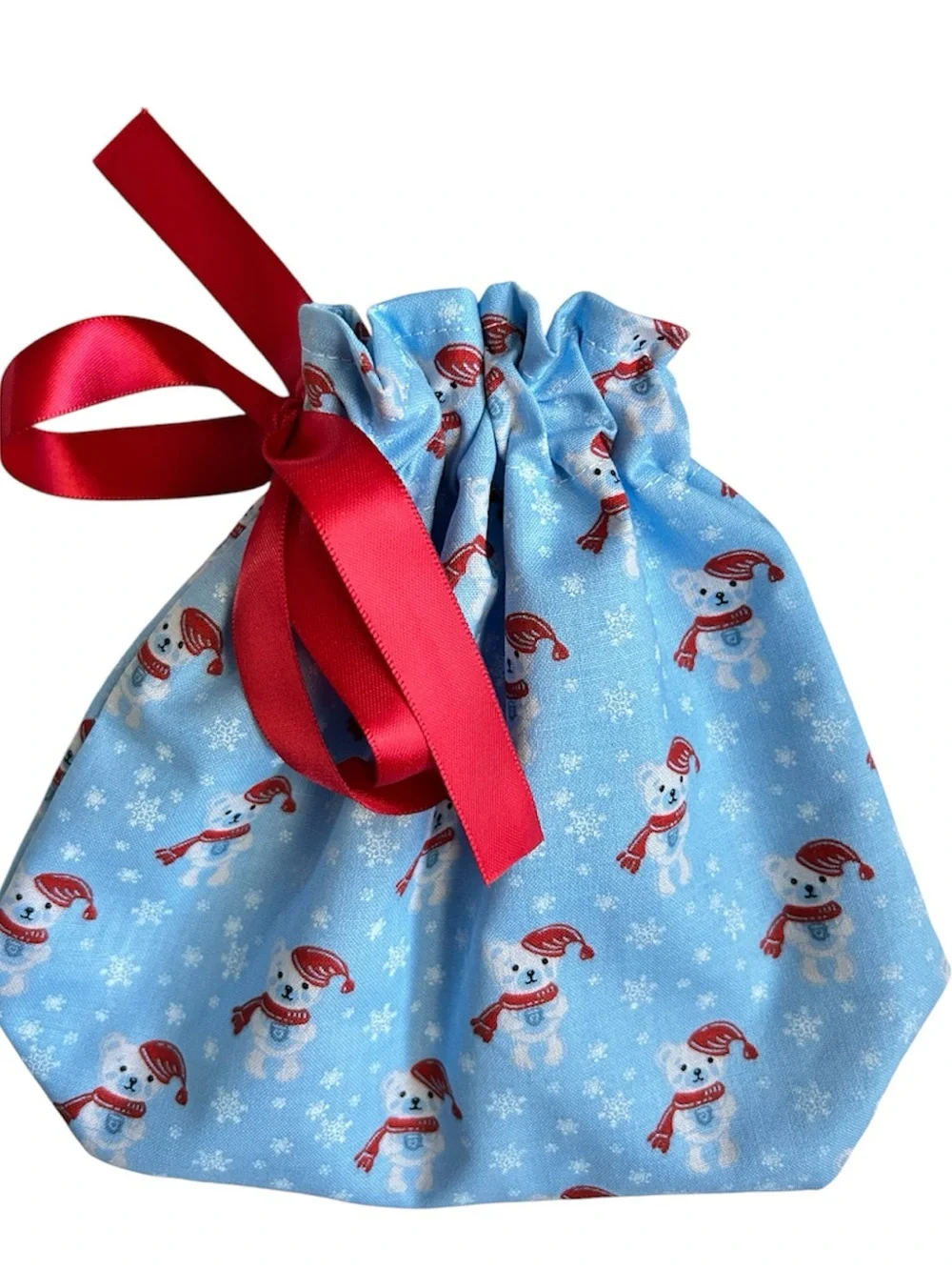 Hand Crafted Blue Snowman Drawstring Gift Bag Red Ribbon Eco Friendly Reusable